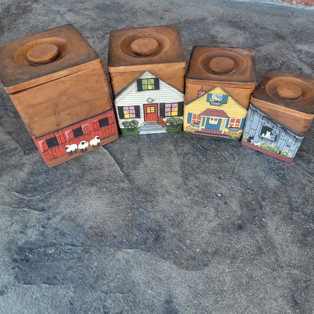 Vintage Mid- Century Nesting Box Joint Wood Hand- Painted Farmstead Canister Set